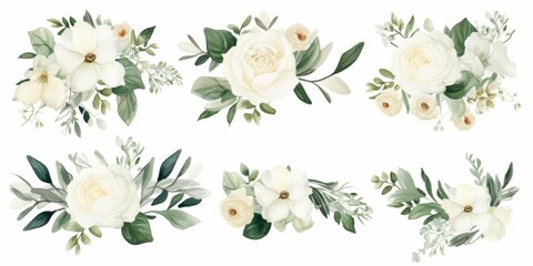 Watercolor floral illustration set. bouquets and wreath. White flowers, rose, peony, green leaf branches collection. Wedding invites, wallpapers, fashion. Eucalyptus olive leaves, Generative AI 