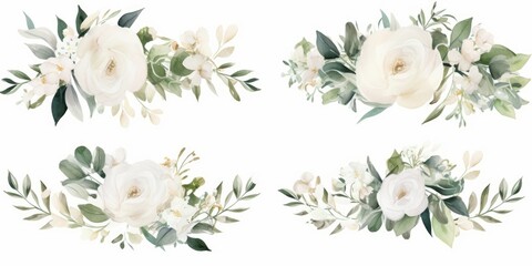 Watercolor floral illustration set. bouquets and wreath. White flowers, rose, peony, green leaf branches collection. Wedding invites, wallpapers, fashion. Eucalyptus olive leaves, Generative AI 