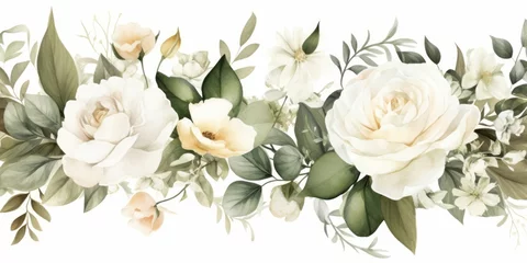 Foto op Canvas Watercolor seamless border. illustration with green gold leaves, white flowers, rose, peony and branches for wedding stationary, greetings, wallpapers, fashion, backgrounds, wrappers, Generative AI  © Photo Prospects