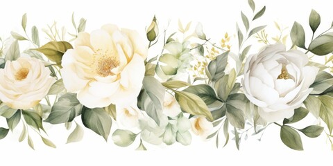 Watercolor seamless border. illustration with green gold leaves, white flowers, rose, peony and branches for wedding stationary, greetings, wallpapers, fashion, backgrounds, wrappers, Generative AI 