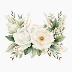 Watercolor floral illustration - white flowers, rose, peony, green and gold leaf frame, border for wedding stationary, greetings, wallpapers, fashion, background. Eucalyptus, olive, Generative AI  - obrazy, fototapety, plakaty