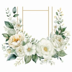 Watercolor floral illustration - white flowers, rose, peony, green and gold leaf frame, border for wedding stationary, greetings, wallpapers, fashion, background. Eucalyptus, olive, Generative AI 