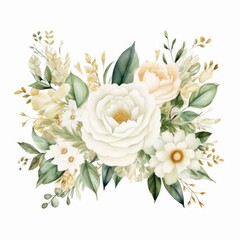 Watercolor floral illustration - white flowers, rose, peony, green and gold leaf frame, border for wedding stationary, greetings, wallpapers, fashion, background. Eucalyptus, olive, Generative AI 