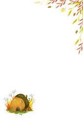 rectangular frame with a small forest house and autumn herbs and leaves on a white background