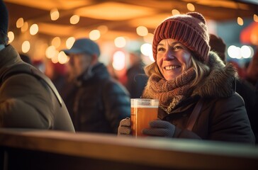 Woman Enjoying Hot Drink at Winter Fair
