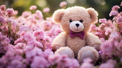 Adorable teddy bear sitting on a bed of flowers.