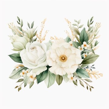 Fototapeta Watercolor floral illustration - white flowers, rose, peony, green and gold leaf frame, border for wedding stationary, greetings, wallpapers, fashion, background. Eucalyptus, olive, Generative AI 