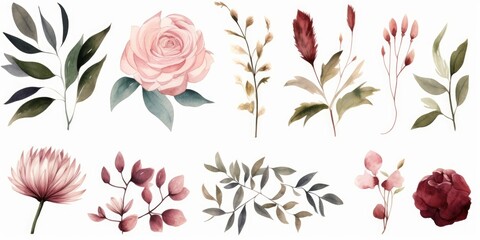 Watercolor floral illustration individual elements set - green leaves, burgundy pink peach blush white flowers, branches. Wedding invitations wallpapers fashion prints. Eucalyptus, Generative AI