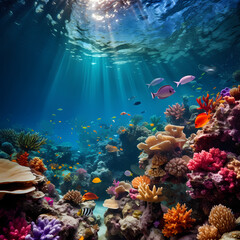 Underwater scene with diverse marine life and colorful coral reefs