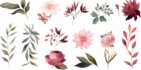 Watercolor floral illustration individual elements set - green leaves, burgundy pink peach blush white flowers, branches. Wedding invitations wallpapers fashion prints. Eucalyptus, Generative AI