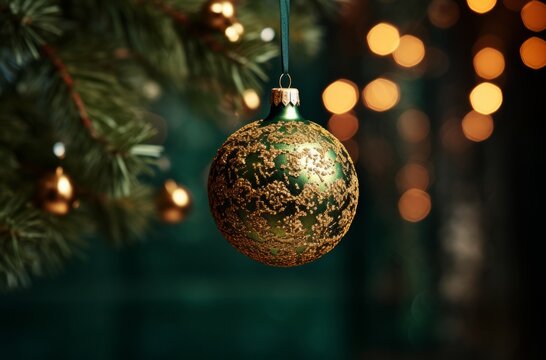 Golden and green bauble on festive tree