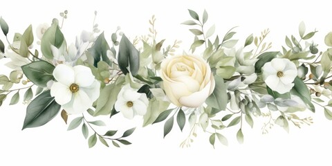 Watercolor seamless border. illustration with green gold leaves, white flowers, rose, peony and branches for wedding stationary, greetings, wallpapers, fashion, backgrounds, wrappers, Generative AI 