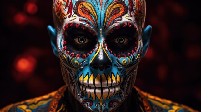 an illustration of a man wearing colorful and detailed skull makeup inspired by the Sugar Skull tradition, perfect for Halloween celebrations.