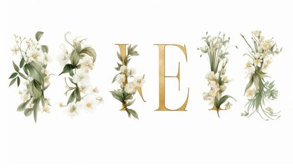 Whole Gold Glitter Floral Alphabet Set Collection. white flowers, gold green botanic flower branch bouquet composition. Wedding invitations, baby shower, birthday. Rose, peony, Generative AI 