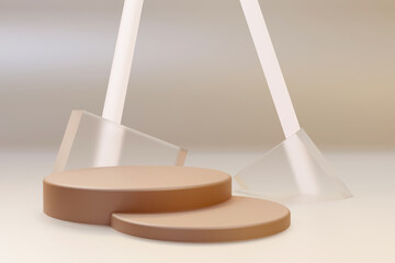 Podium in light beige color with glass. Mock up scene to show products. Showcase, shopfront, display case. 3d render.