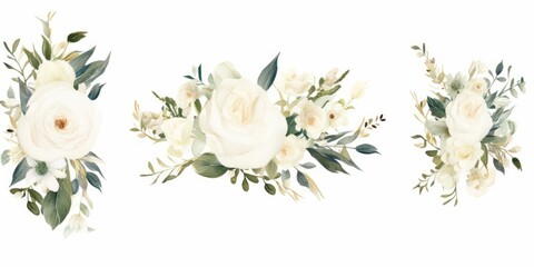 Watercolor floral illustration set. bouquets and frame. White flowers, rose, peony, gold green leaf branches collection. Wedding invites, wallpapers, Generative AI 