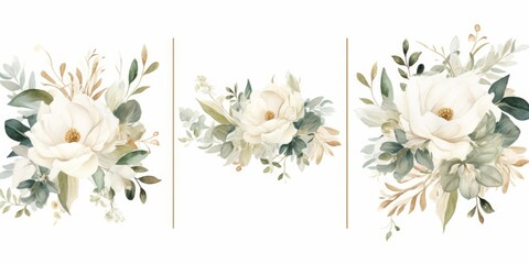 Watercolor floral illustration set. bouquets and frame. White flowers, rose, peony, gold green leaf branches collection. Wedding invites, wallpapers, Generative AI 