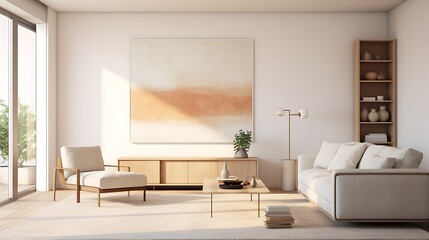 A coastal cozy living room with soft white sofa and pillow. Living room home interior design with soft white wall