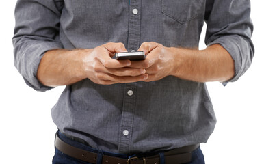 Business man, hands and typing on smartphone in studio for mobile chat, social network or notification on white background. Closeup, worker and scroll on cellphone, news app or search digital contact