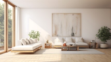 A coastal cozy living room with soft white sofa and pillow. Living room home interior design with soft white wall
