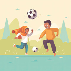 Muslim Arab children Playing Soccer Football, style children book illustration, AI Generated