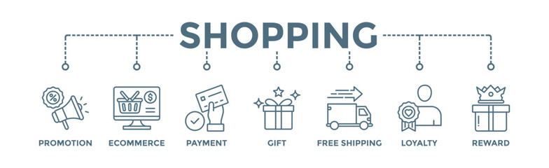 Shopping banner web icon vector illustration concept with icon of promotion, ecommerce, payment, gift, price, free shipping, loyalty, reward