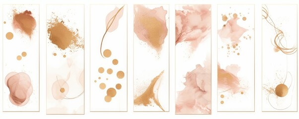 Abstract Arrangements. Elements, textures. Posters. Terracotta, blush, pink, ivory, beige watercolor Illustration and gold elements, on white background. Modern print set. Wall art, Generative AI 