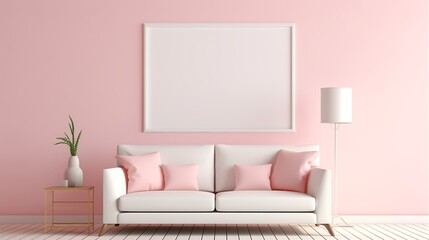 Blank vertical poster frame mockup hanging on the wall in the coastal cozy living room with soft white sofa and pillow.