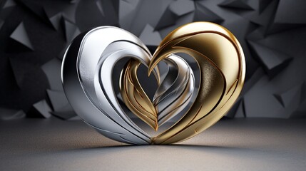 Hearts made of gold and silver metal, LOVE sign for design