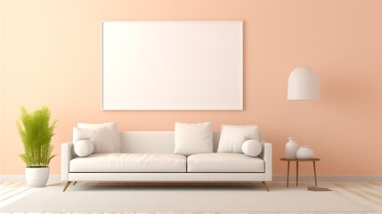 Blank vertical poster frame mockup hanging on the wall in the coastal cozy living room with soft white sofa and pillow.
