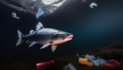 Salmon swimming middle of plastic waste.  Space for Copy