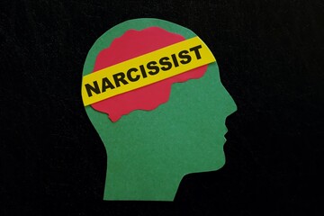Human head profile with word narcissist in dark black background. Narcissistic behavior concept.