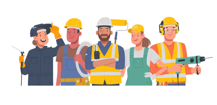 Construction team. Men and women of working professions. Painter, welder, electrician, mason, led by a foreman