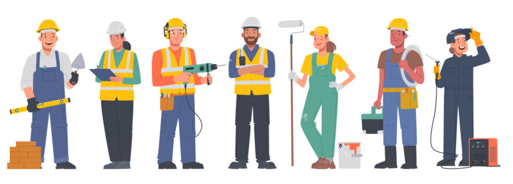 Set of characters of men and women working professions. Builders in uniform and protective vest and helmet