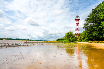 Wittenbergen lighthouse on the Rissener Ufer near Hamburg. Historic lighthouse on the Elbe....
