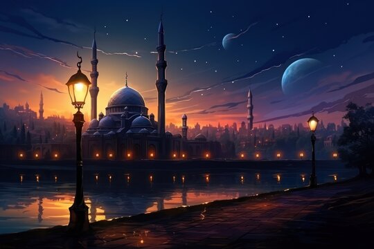 an illustration of a mosque at night with a lantern and mosque in the distance
