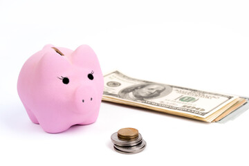 Gold towers made out of gold and silvery coins, stack isolated on white background. savings...