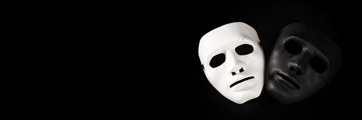 Black and white mask, acting courses, banner, good and evil, psychology and psychiatry,mental health - obrazy, fototapety, plakaty