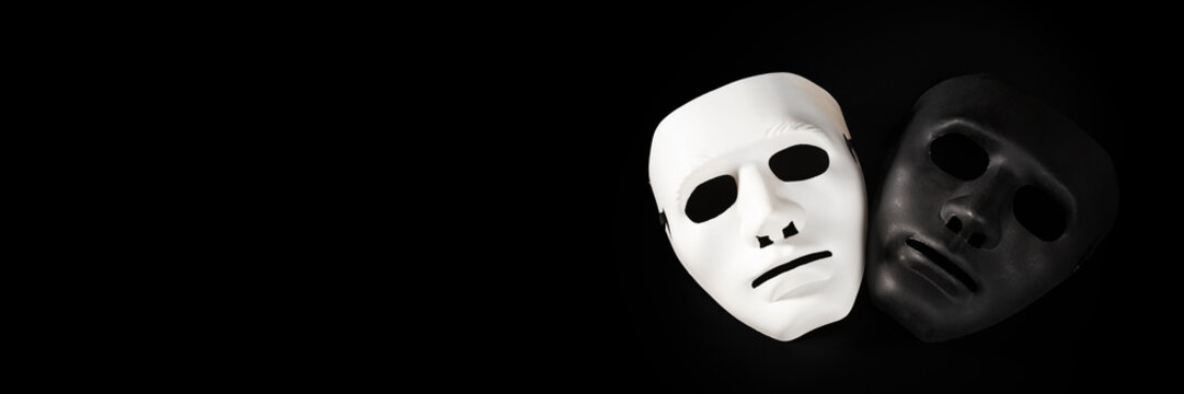 Black and white mask, acting courses, banner, good and evil, psychology and psychiatry,mental health