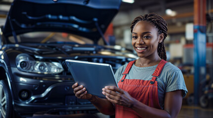 African american woman car mechanic working with a tablet in an automobile garage, car repair workshop maintenance and service, smiling proud black female