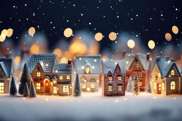 Snowy Christmas Village Night - A charming, snow-covered village at night, with twinkling lights and a festive atmosphere - AI Generated