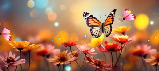butterfly in a red colorful wildflowers field