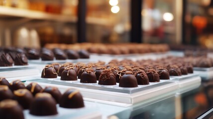 Assorted selection of chocolate pralines displayed at a candy shop. - obrazy, fototapety, plakaty