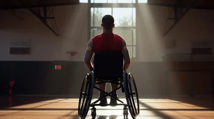 Muurstickers Athlete in a wheelchair playing basketball on an indoor court © HelenP