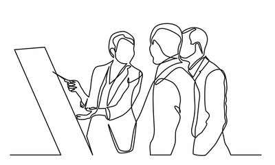 Continuous line drawing of a businesswoman discussing in the office meeting room and showing the board. discussion in a conference room. Concept of Business meeting and presentation.