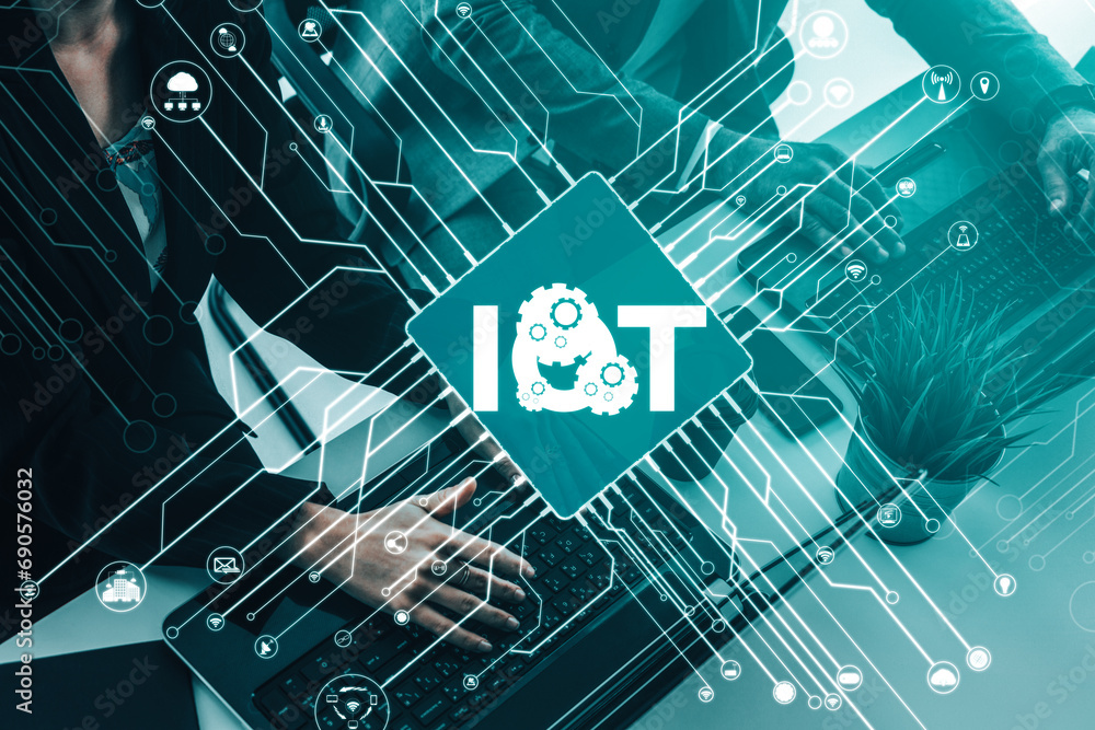 Poster internet of things and communication technology concept - modern graphic interface showing smart inf