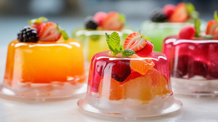 fruit jelly dessert on a white table - 690576218