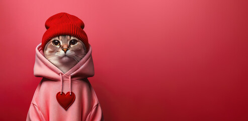 Stylish cat wearing fashion hoodie and beanie for Valentine's day party - obrazy, fototapety, plakaty