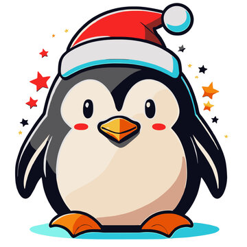 Cute little penguin with christmas hat, vector illustration 