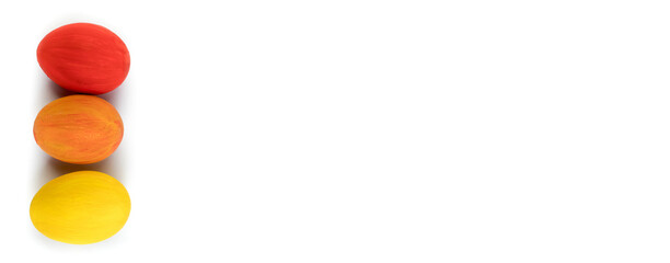 Happy Easter card. Colorful shiny easter eggs on isolated white background. Copy space for text. Banner